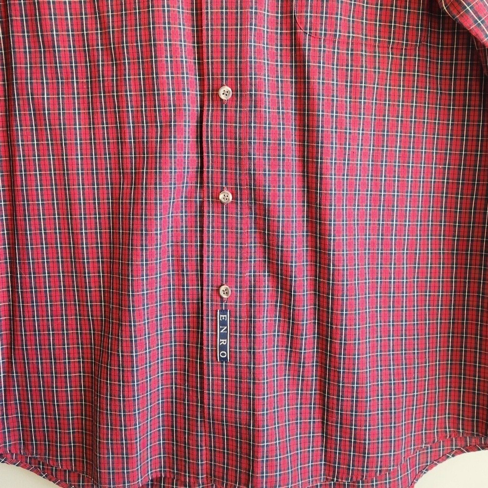 ENRO Mens M Button Down Shirt Long Sleeve Red Blue Checked Casual Wrinkle Free - Picture 5 of 7